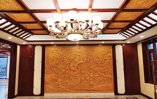 桥东中式别墅客厅中式木作横梁吊顶装饰展示